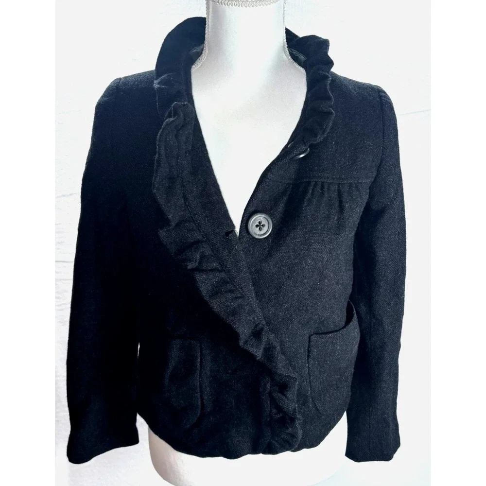 J CREW Jacket 100% Wool Ruffles Preppy‎ Black Academia Womens Sz 0 XS/Small - Picture 2 of 11